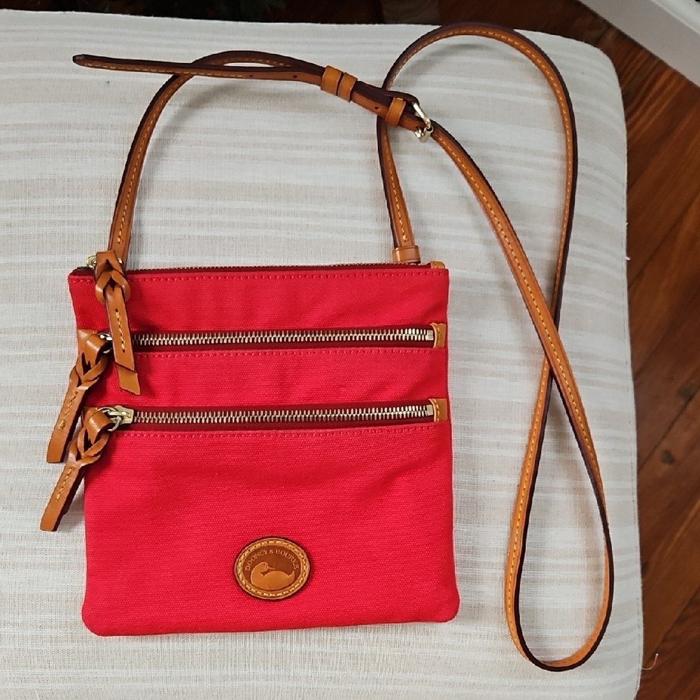 Dooney & Bourke Red Canvas Crossbody Bag with Brown Leather Accents